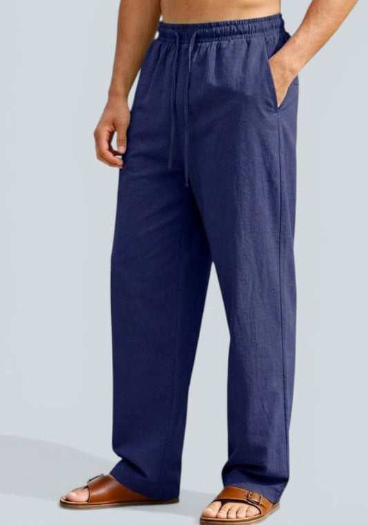 Navy Blue Premium Linen Relaxed Fit Loose Fit Men Pant-50873