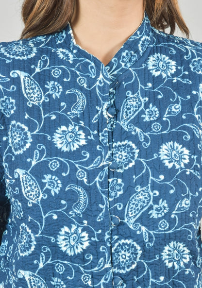 Reversible Cut Sleeves Cotton Block Printed Quilted Jacket Blue and White-49258