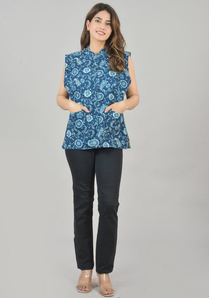 Reversible Cut Sleeves Cotton Block Printed Quilted Jacket Blue and White-49258