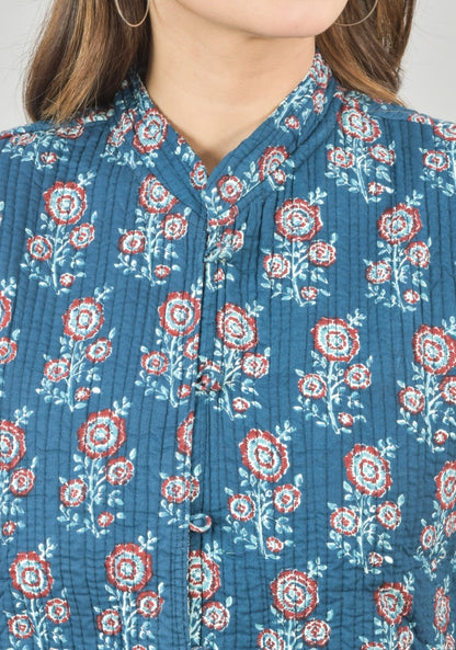 Reversible Cut Sleeves Cotton Block Printed Quilted Jacket Blue and White-49259
