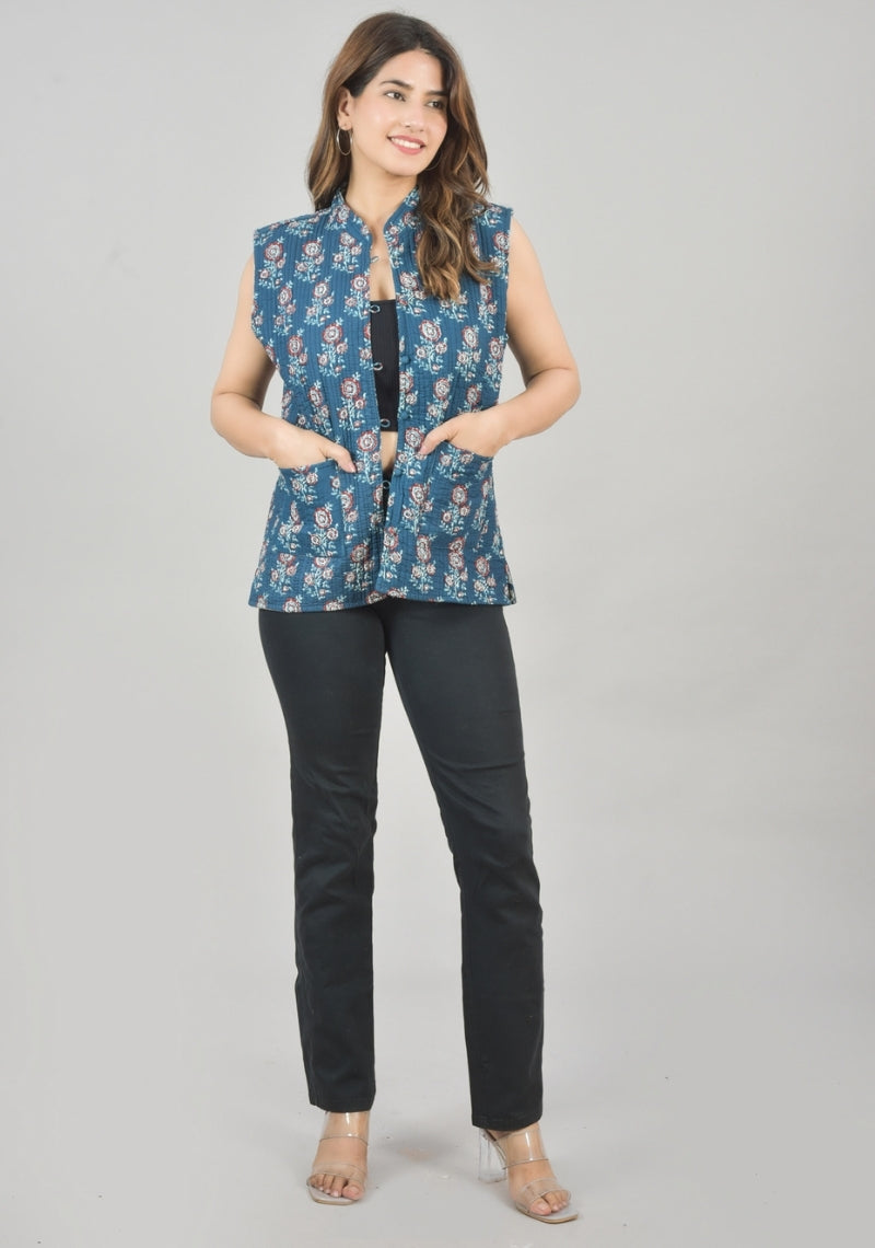 Reversible Cut Sleeves Cotton Block Printed Quilted Jacket Blue and White-49259