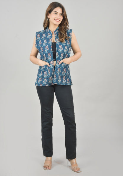 Reversible Cut Sleeves Cotton Block Printed Quilted Jacket Blue and White-49259