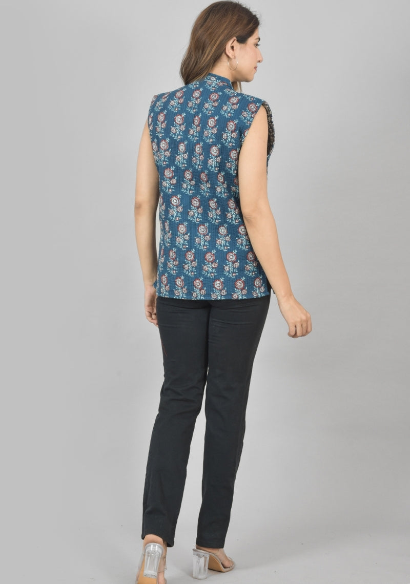 Reversible Cut Sleeves Cotton Block Printed Quilted Jacket Blue and White-49259