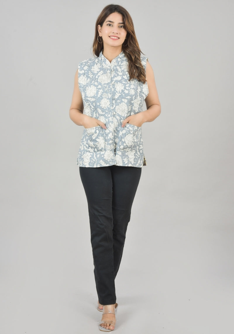 Reversible Cut Sleeves Cotton Block Printed Quilted Jacket Gray and Yellow-49253