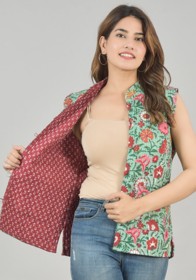 Reversible Cut Sleeves Cotton Block Printed Quilted Jacket Green and Pink-49248