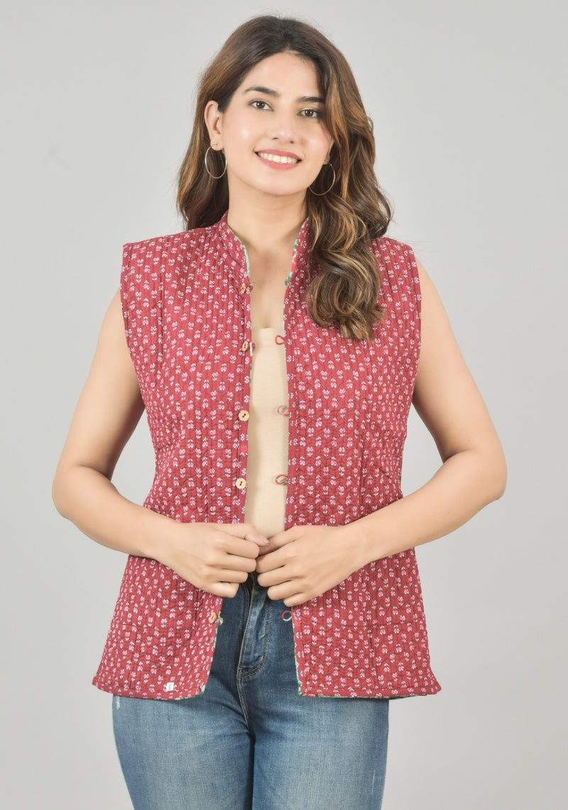 Reversible Cut Sleeves Cotton Block Printed Quilted Jacket Green and Pink-49248