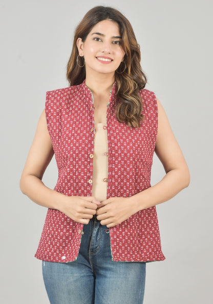 Reversible Cut Sleeves Cotton Block Printed Quilted Jacket Green and Pink-49248