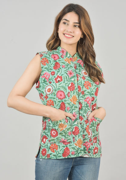 Reversible Cut Sleeves Cotton Block Printed Quilted Jacket Green and Pink-49248