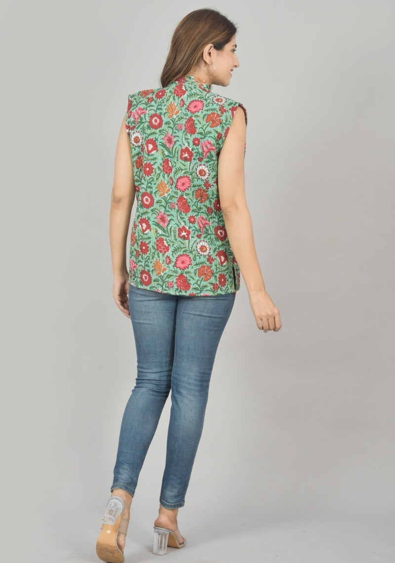 Reversible Cut Sleeves Cotton Block Printed Quilted Jacket Green and Pink-49248