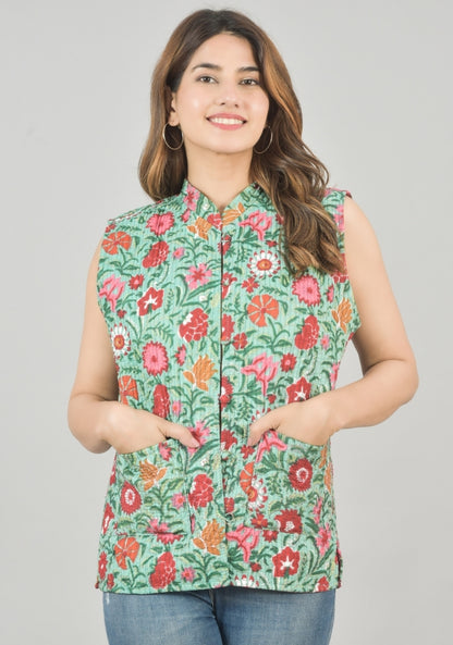 Reversible Cut Sleeves Cotton Block Printed Quilted Jacket Green and Pink-49248