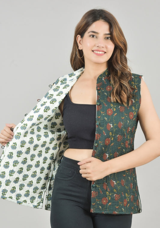 Reversible Cut Sleeves Cotton Block Printed Quilted Jacket Green and White-49250