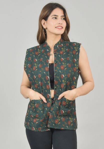 Reversible Cut Sleeves Cotton Block Printed Quilted Jacket Green and White-49250