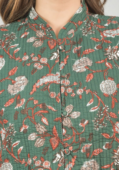 Reversible Cut Sleeves Cotton Block Printed Quilted Jacket Green and White-49252