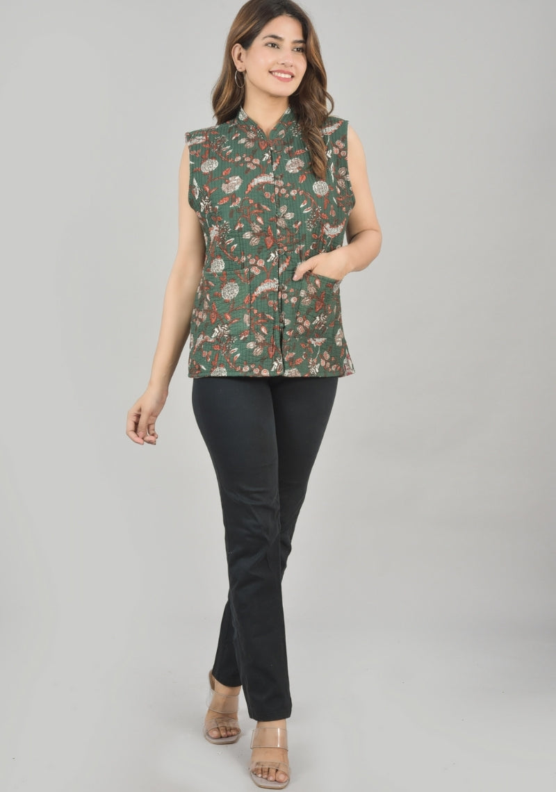 Reversible Cut Sleeves Cotton Block Printed Quilted Jacket Green and White-49252