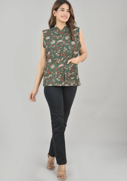 Reversible Cut Sleeves Cotton Block Printed Quilted Jacket Green and White-49252