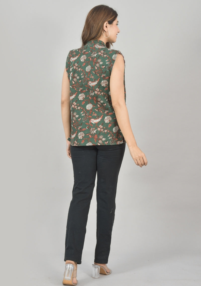 Reversible Cut Sleeves Cotton Block Printed Quilted Jacket Green and White-49252