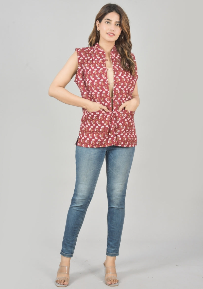 Reversible Cut Sleeves Cotton Block Printed Quilted Jacket Pink and White-49249