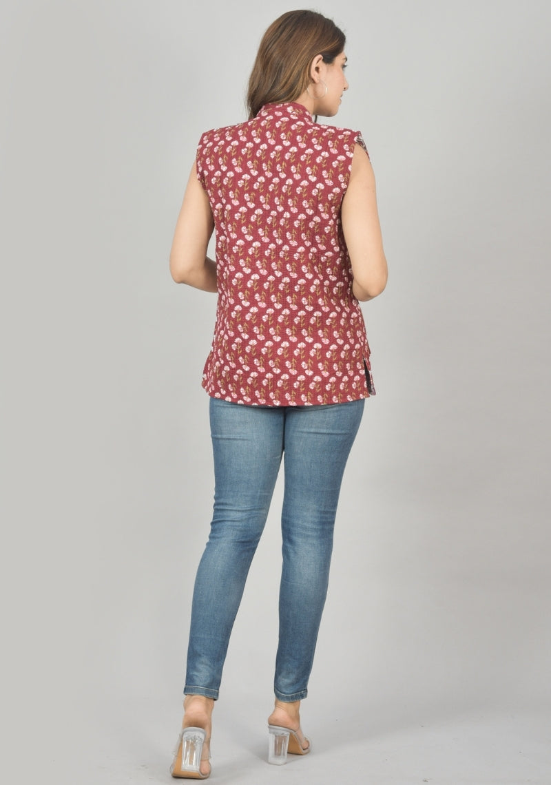 Reversible Cut Sleeves Cotton Block Printed Quilted Jacket Pink and White-49249