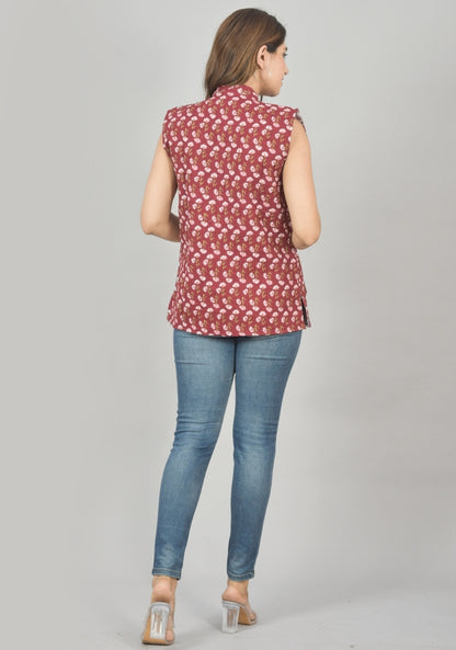 Reversible Cut Sleeves Cotton Block Printed Quilted Jacket Pink and White-49249