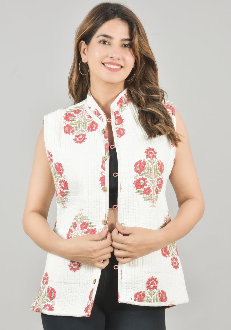 Reversible Cut Sleeves Cotton Block Printed Quilted Jacket Pink and White-49251
