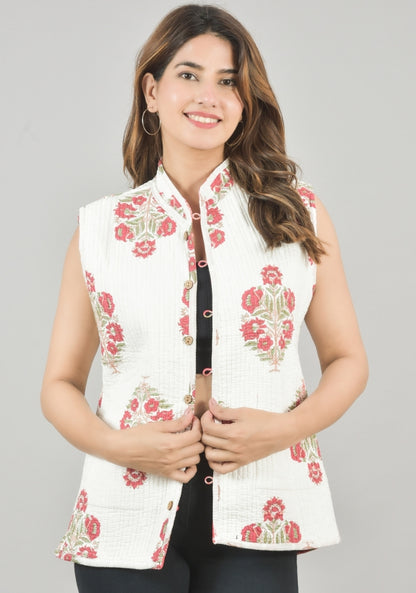 Reversible Cut Sleeves Cotton Block Printed Quilted Jacket Pink and White-49251
