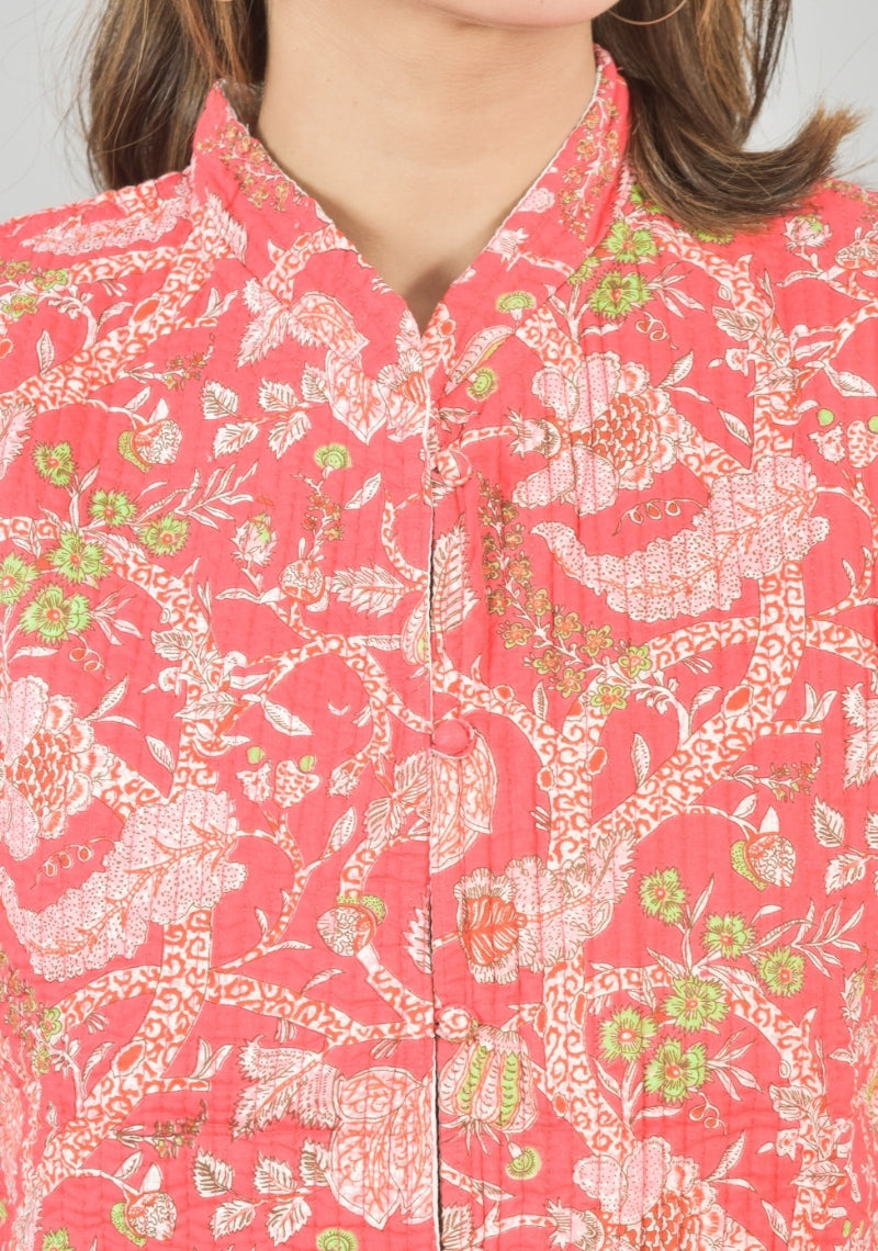 Reversible Cut Sleeves Cotton Block Printed Quilted Jacket Pink and White-49251