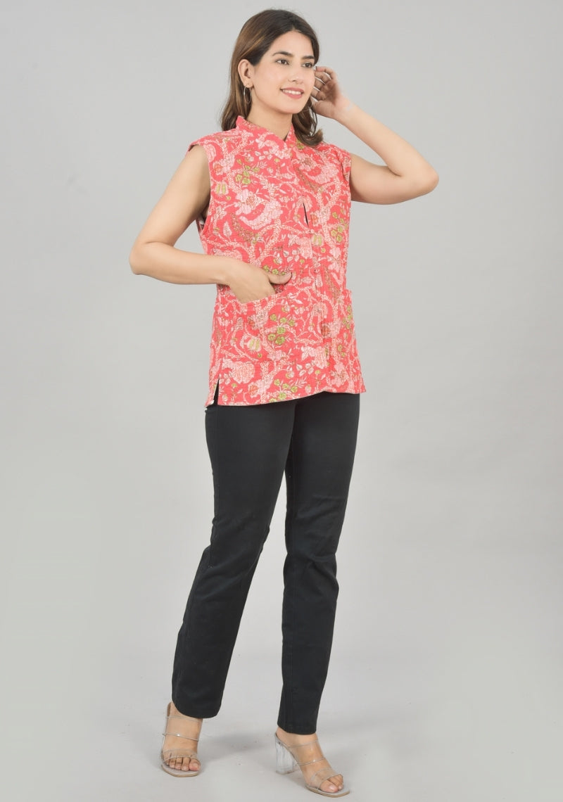 Reversible Cut Sleeves Cotton Block Printed Quilted Jacket Pink and White-49251