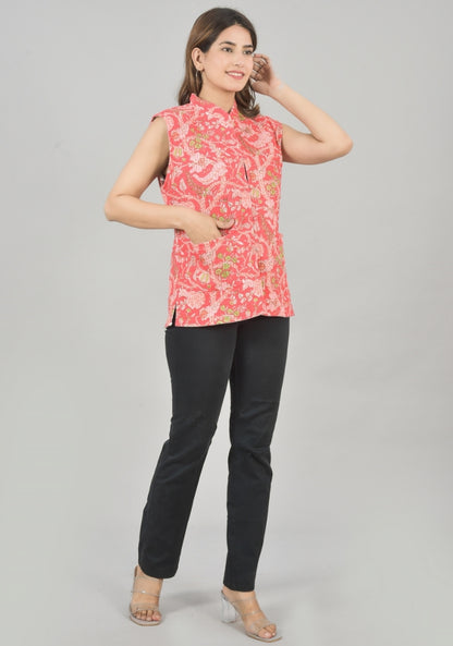 Reversible Cut Sleeves Cotton Block Printed Quilted Jacket Pink and White-49251