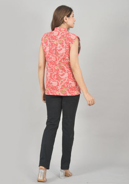 Reversible Cut Sleeves Cotton Block Printed Quilted Jacket Pink and White-49251