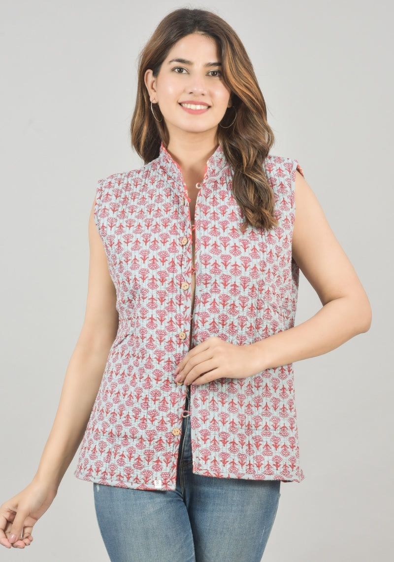 Reversible Cut Sleeves Cotton Block Printed Quilted Jacket Red and Gray-49246