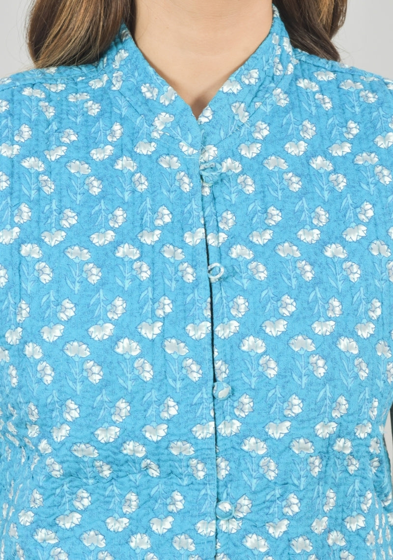 Reversible Cut Sleeves Cotton Block Printed Quilted Jacket Sky Blue and Gray-49254