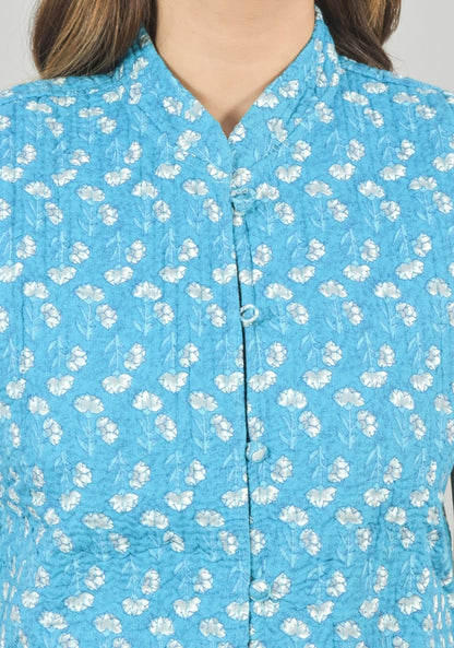 Reversible Cut Sleeves Cotton Block Printed Quilted Jacket Sky Blue and Gray-49254