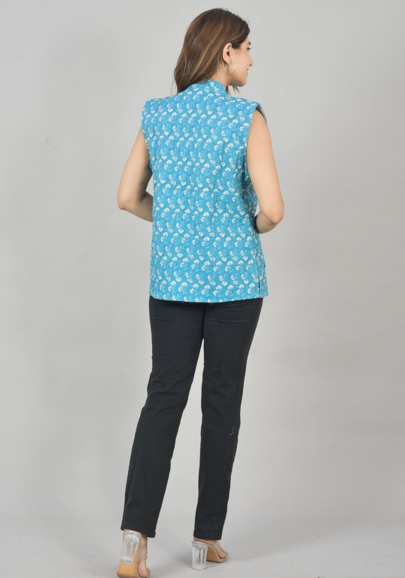Reversible Cut Sleeves Cotton Block Printed Quilted Jacket Sky Blue and Gray-49254