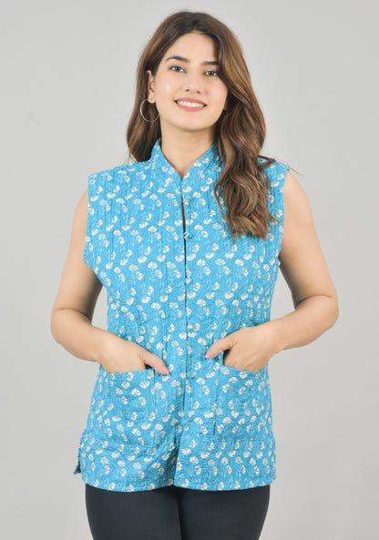 Reversible Cut Sleeves Cotton Block Printed Quilted Jacket Sky Blue and Gray-49254