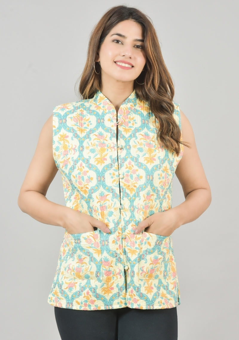 Reversible Cut Sleeves Cotton Block Printed Quilted Jacket Sky Blue and Yellow-49256