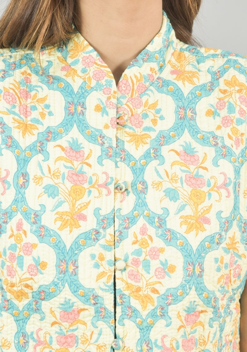 Reversible Cut Sleeves Cotton Block Printed Quilted Jacket Sky Blue and Yellow-49256