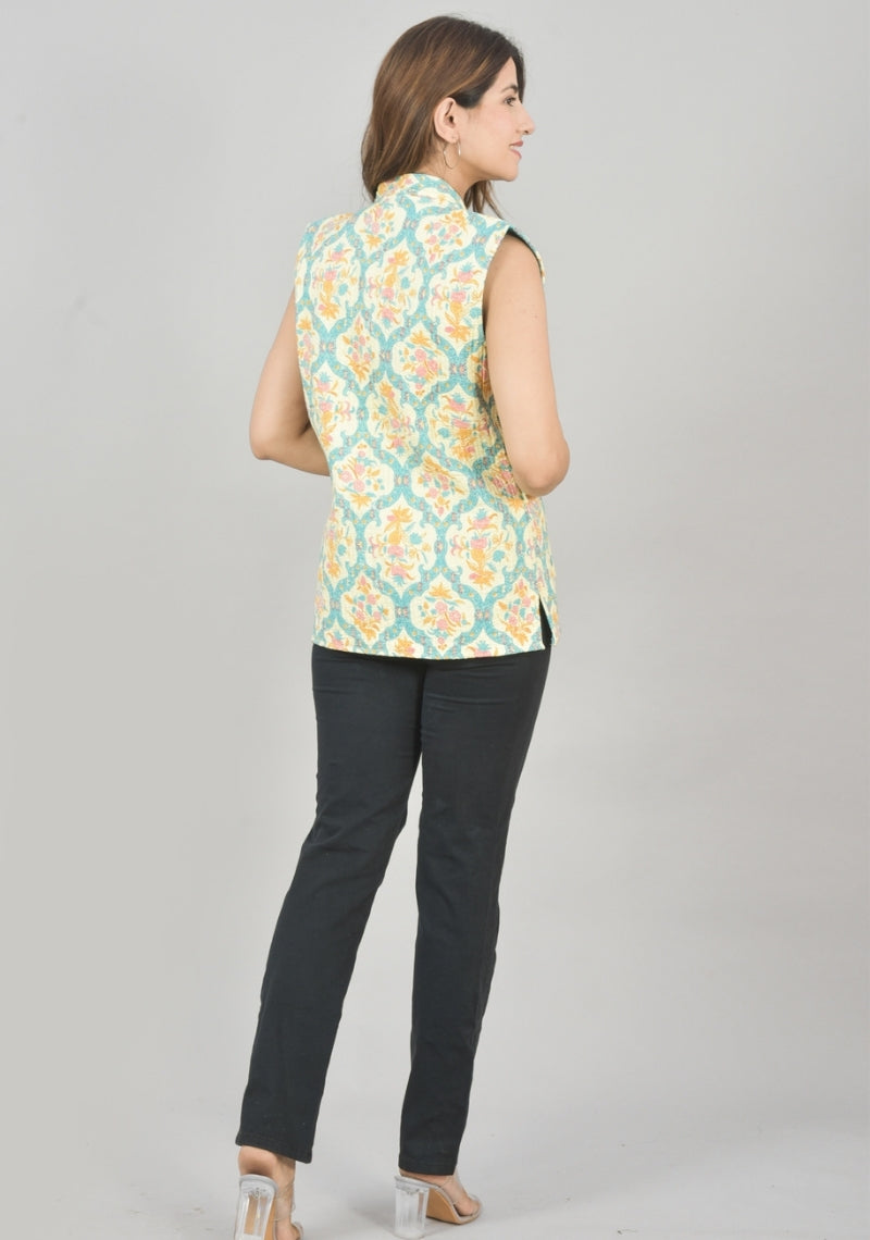 Reversible Cut Sleeves Cotton Block Printed Quilted Jacket Sky Blue and Yellow-49256