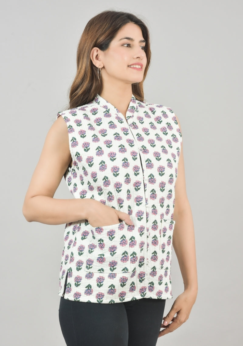 Reversible Cut Sleeves Cotton Block Printed Quilted Jacket White and Pink-49261