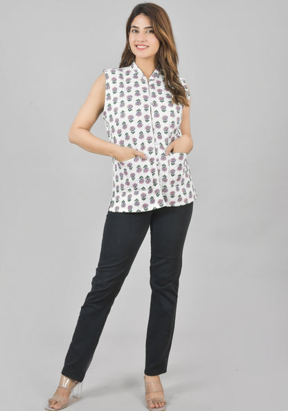 Reversible Cut Sleeves Cotton Block Printed Quilted Jacket White and Pink-49261