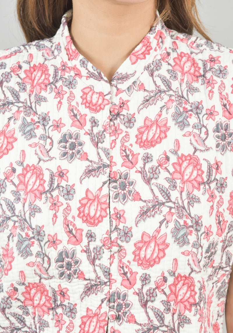 Reversible Cut Sleeves Cotton Block Printed Quilted Jacket White and Pink-49262
