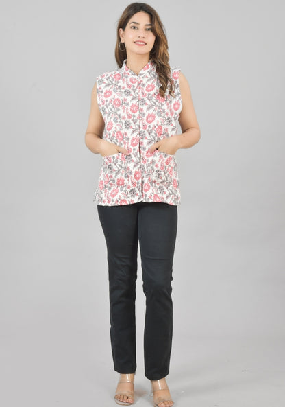Reversible Cut Sleeves Cotton Block Printed Quilted Jacket White and Pink-49262