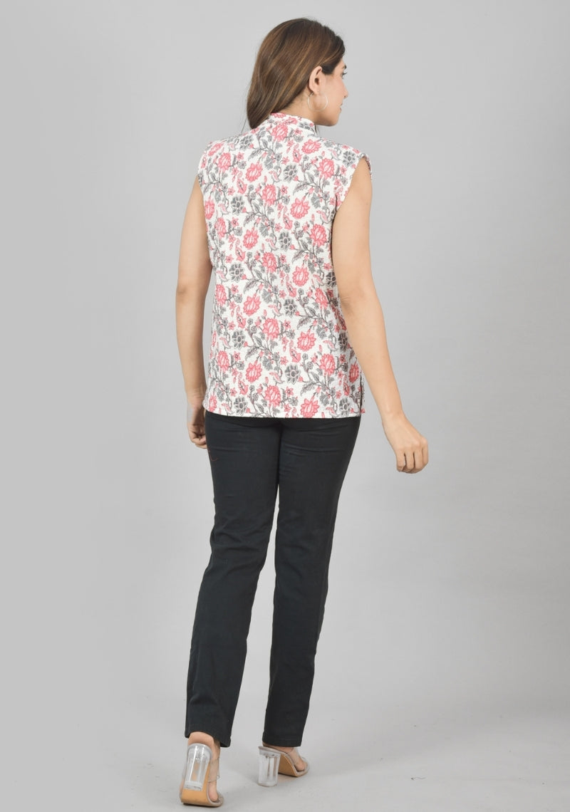 Reversible Cut Sleeves Cotton Block Printed Quilted Jacket White and Pink-49262