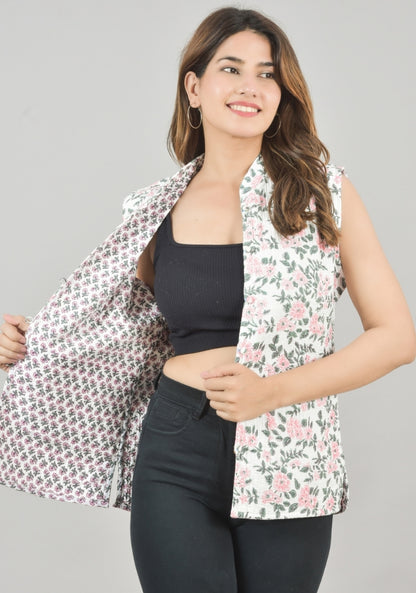 Reversible Cut Sleeves Cotton Block Printed Quilted Jacket White and Pink-49269