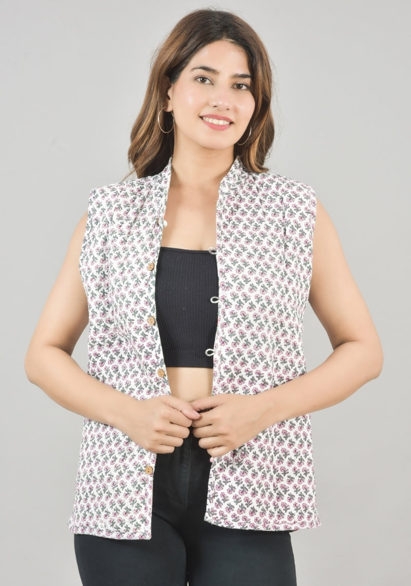 Reversible Cut Sleeves Cotton Block Printed Quilted Jacket White and Pink-49269