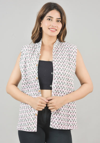 Reversible Cut Sleeves Cotton Block Printed Quilted Jacket White and Pink-49269