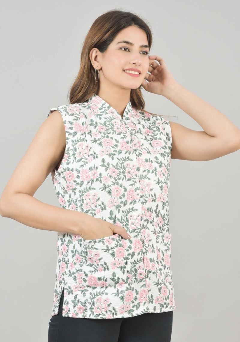 Reversible Cut Sleeves Cotton Block Printed Quilted Jacket White and Pink-49269