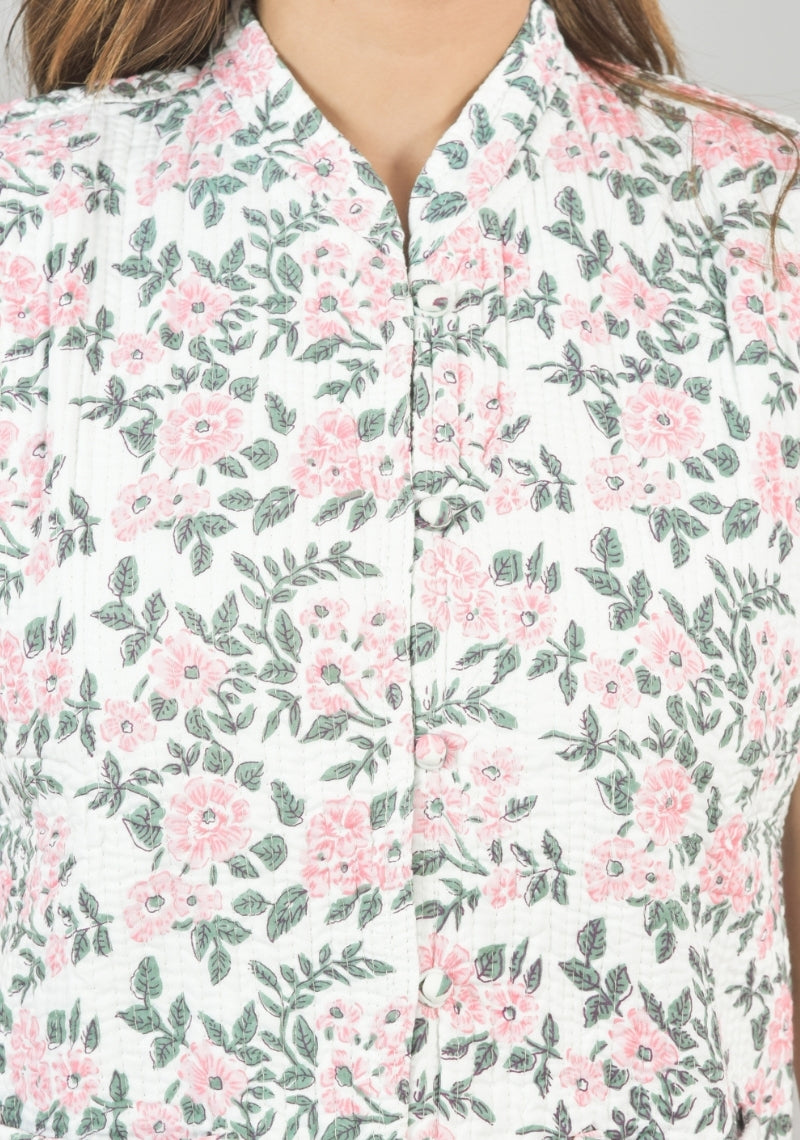 Reversible Cut Sleeves Cotton Block Printed Quilted Jacket White and Pink-49269