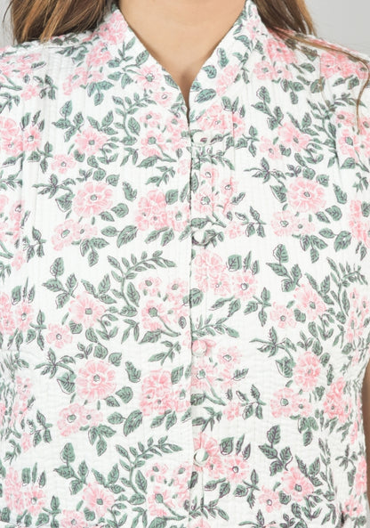 Reversible Cut Sleeves Cotton Block Printed Quilted Jacket White and Pink-49269