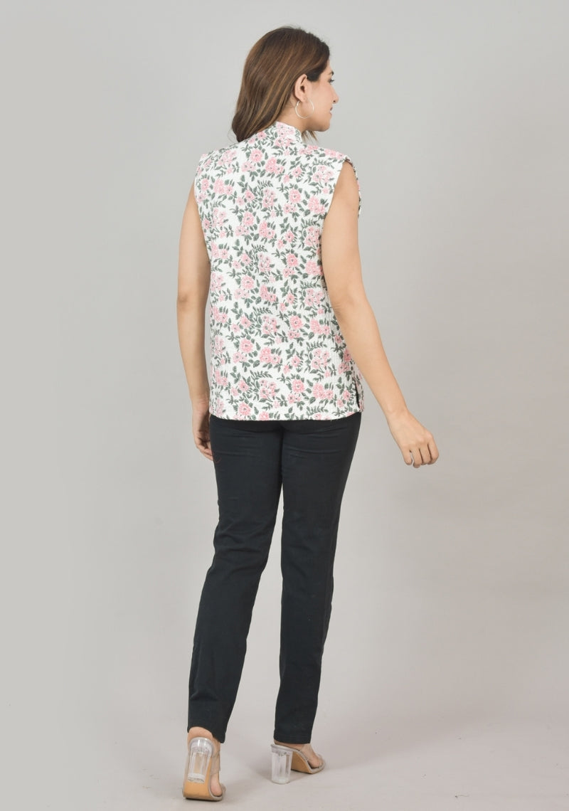 Reversible Cut Sleeves Cotton Block Printed Quilted Jacket White and Pink-49269