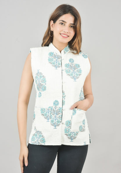 Reversible Cut Sleeves Cotton Block Printed Quilted Jacket White and Sky Blue-49263